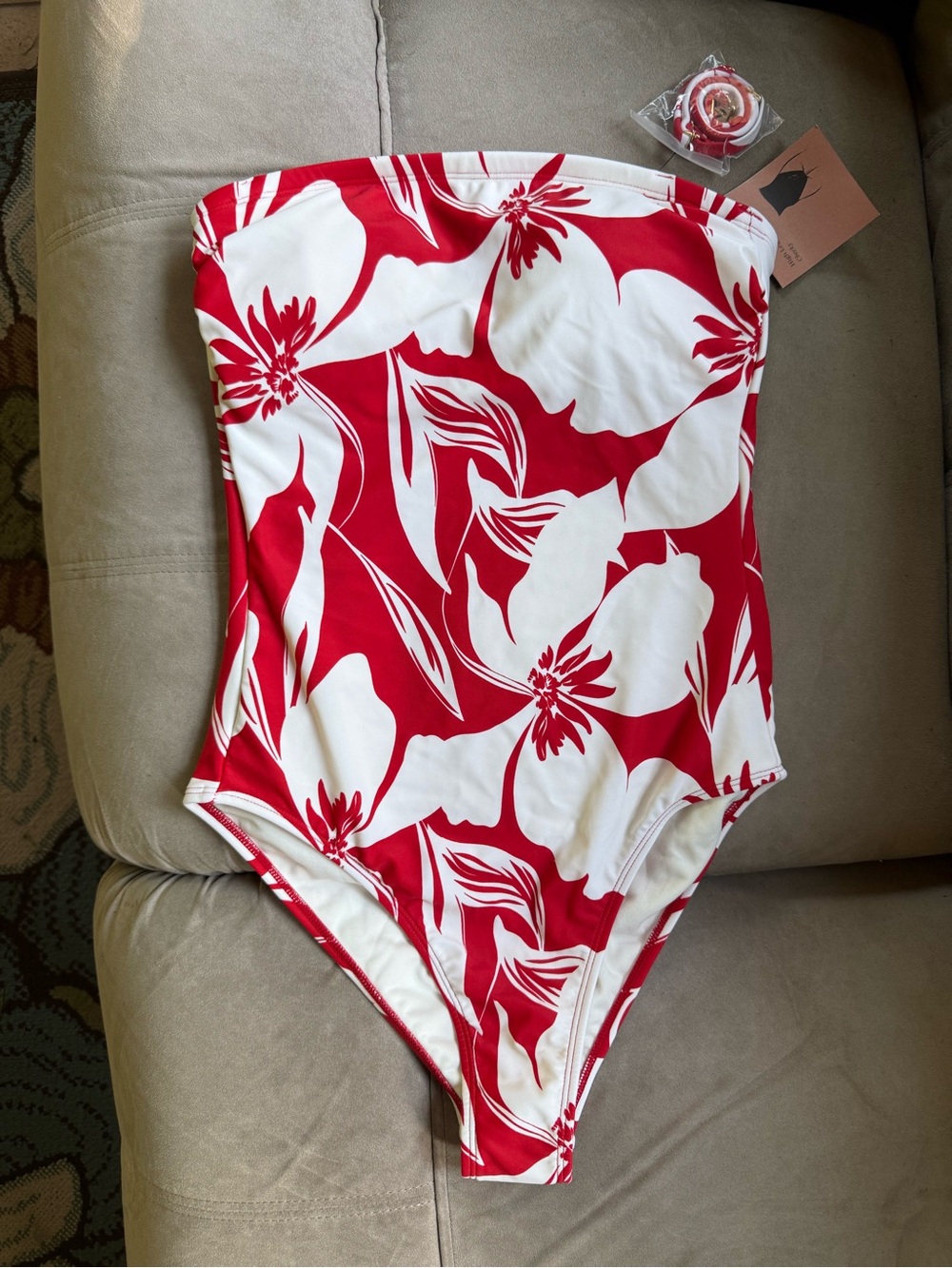 Shade & Shore Red and White Floral Strapless One-Piece Swimsuit NWT